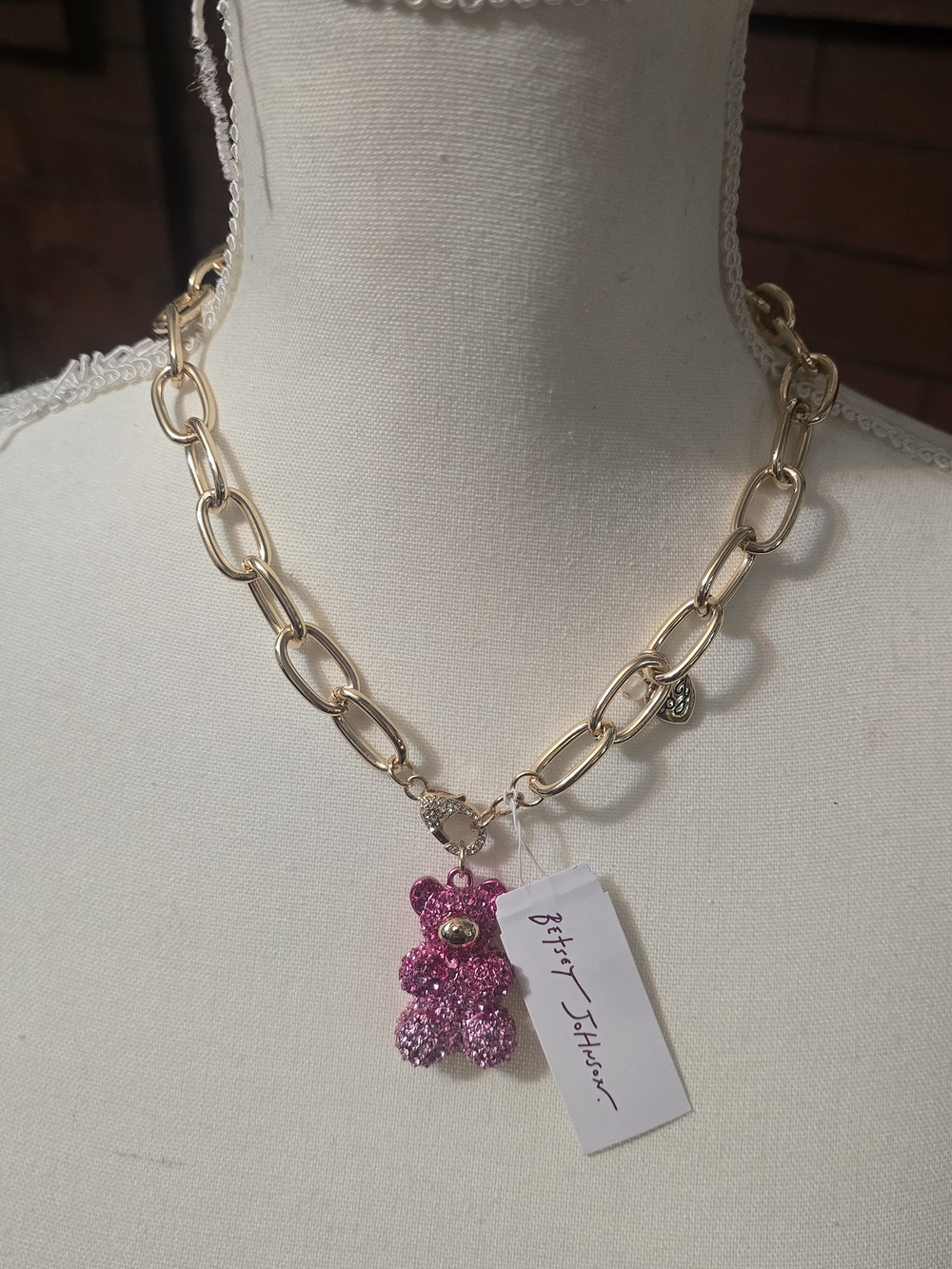 Gold Chain Necklace with Pink Glitter Bear Pendant